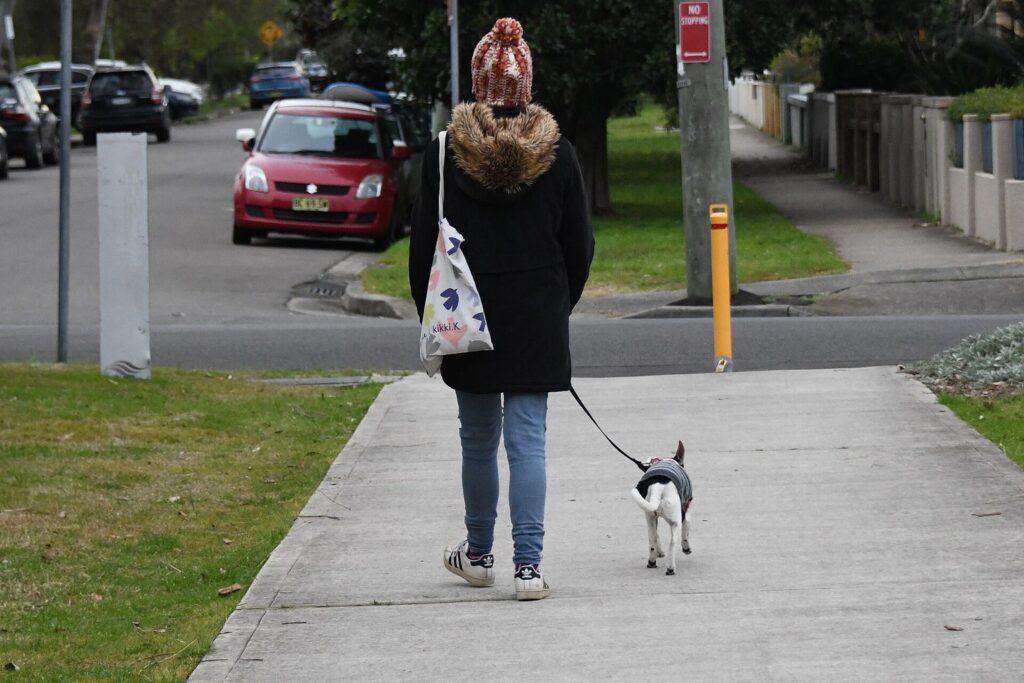 Frau geht mit ihrem kleinen Hund an der Leine über einen Gehweg