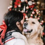 Frau umarmt ihren Golden Retriever vor dem geschmückten Weihnachtsbaum