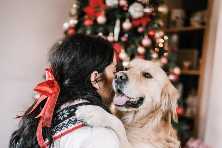 Frau umarmt ihren Golden Retriever vor dem geschmückten Weihnachtsbaum